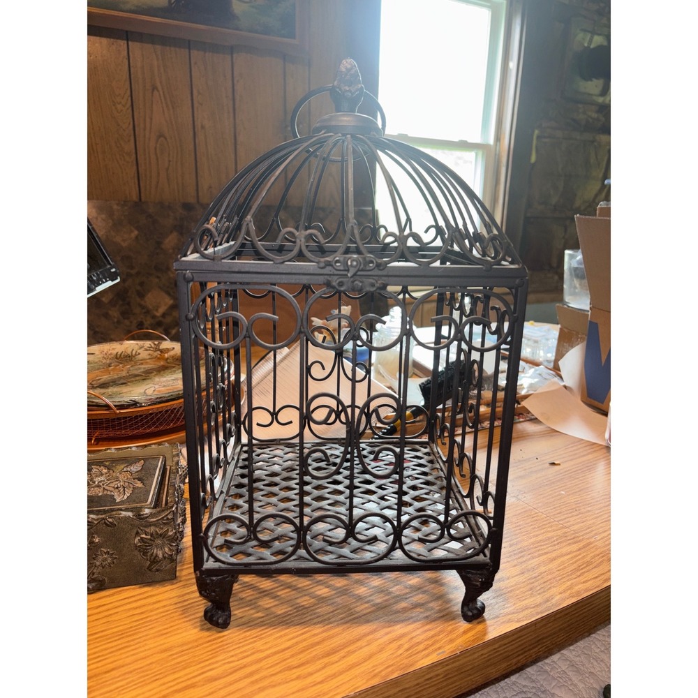 Vintage Ornate Wrought Iron Decorative Birdcage Scrollwork Claw Feet Black Metal